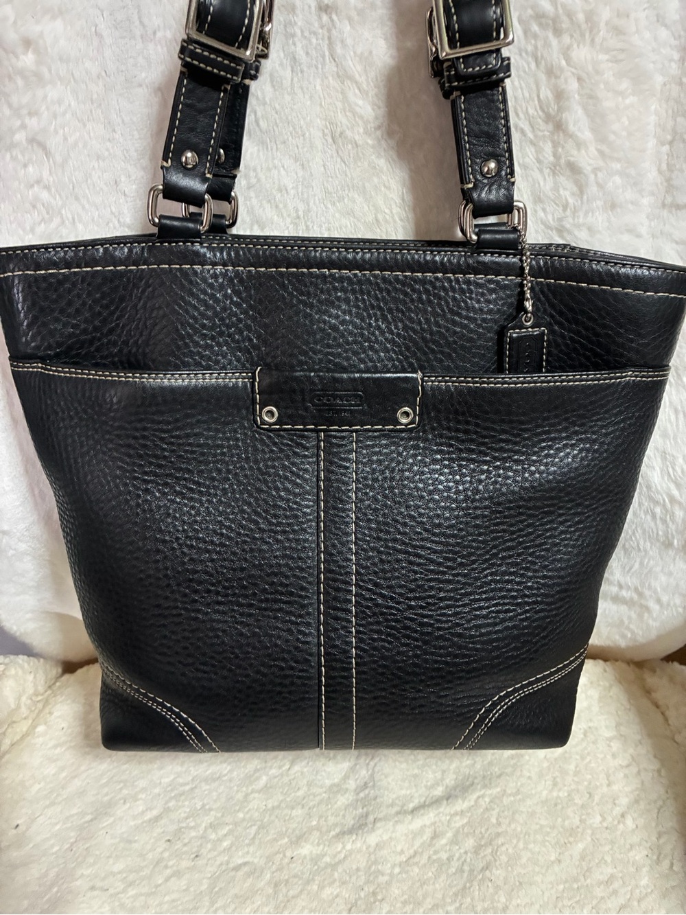 Coach Hamilton Black Leather Shoulder Bag with White Stitching